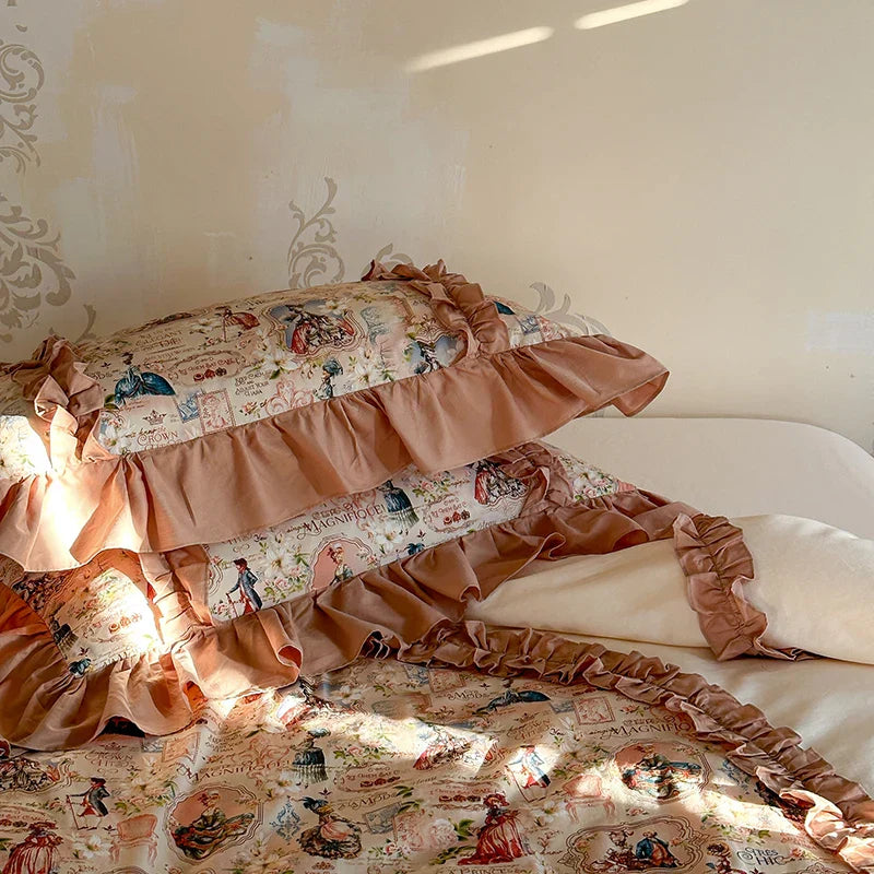 DecorBites™ 100% Cotton French Print Lace Ruffles Bedding Set - 4 Piece Bed Sets