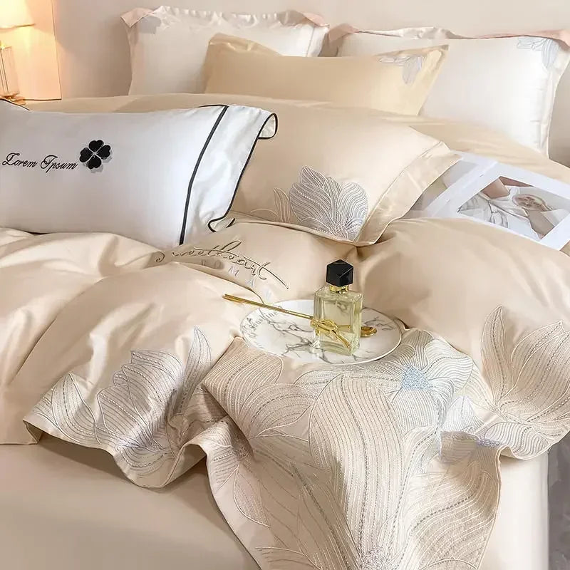 DecorBites™ Embroidered Cotton Bedding Set: Luxury Hepburn Style Duvet Cover 220x240, Skin Friendly