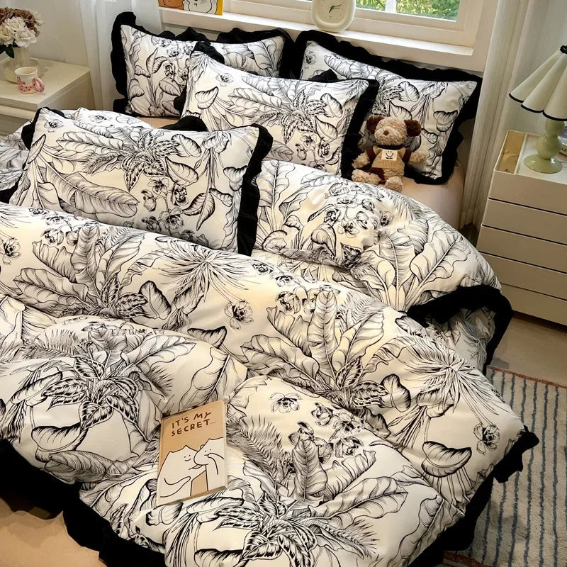 DecorBites™ Black White Printed Bed Skirt Bedding Set - Cozy Skin Friendly Linens