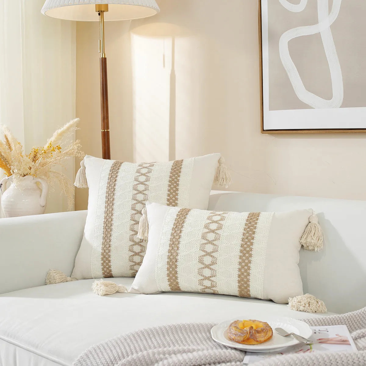 DecorBites™ Linen Stripe Diamond Woven Cushion Cover 45x45cm with Tassels