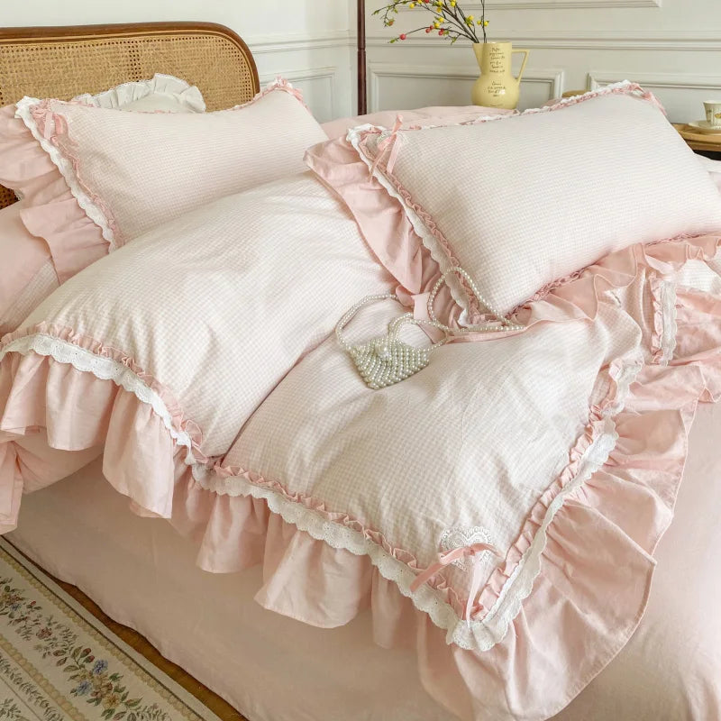 DecorBites™ Blue Pink Lattice Bedding Set: Princess Ruffles Bow, 100% Cotton Quilt Cover, Sheet, Pillowcases