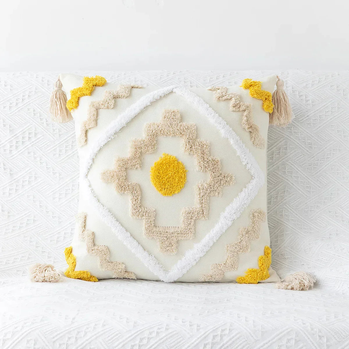 DecorBites™ Geometric Tufted Embroidery Flowers Boho Cushion Cover with Tassel