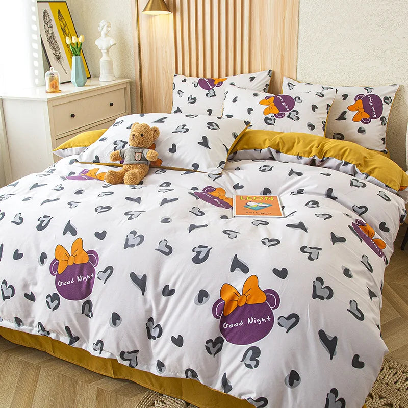 DecorBites™ Cute Cat Bear Print Bedding Set - Single Queen, Fashionable Design for Boys & Girls