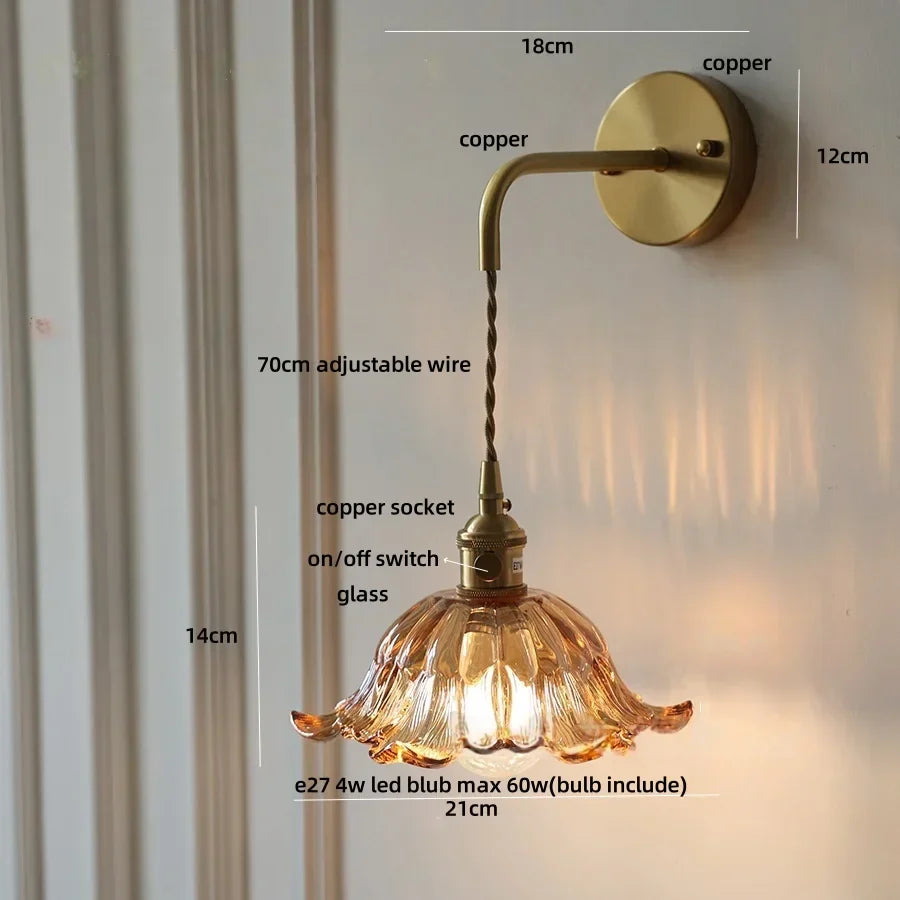 DecorBites™ Glass & Copper Green Flower LED Wall Sconce with Pull Chain