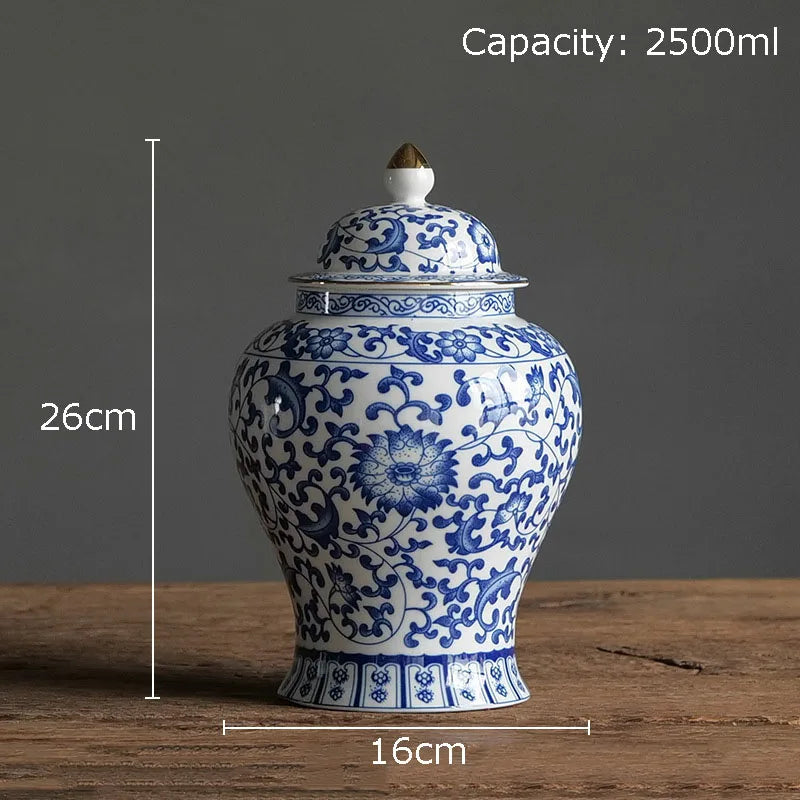 DecorBites™ Blue & White Porcelain Jar with Gold Plating - Ceramic Storage & Desk Decor