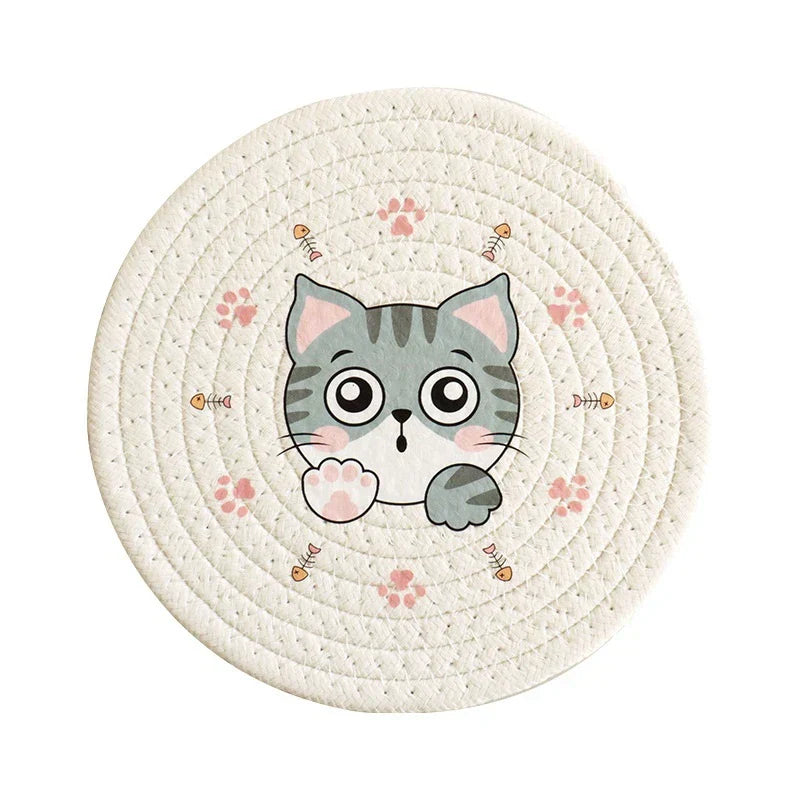 DecorBites™ Cat Print Round Woven Coaster Cup Mat Table Heat Insulation Pad