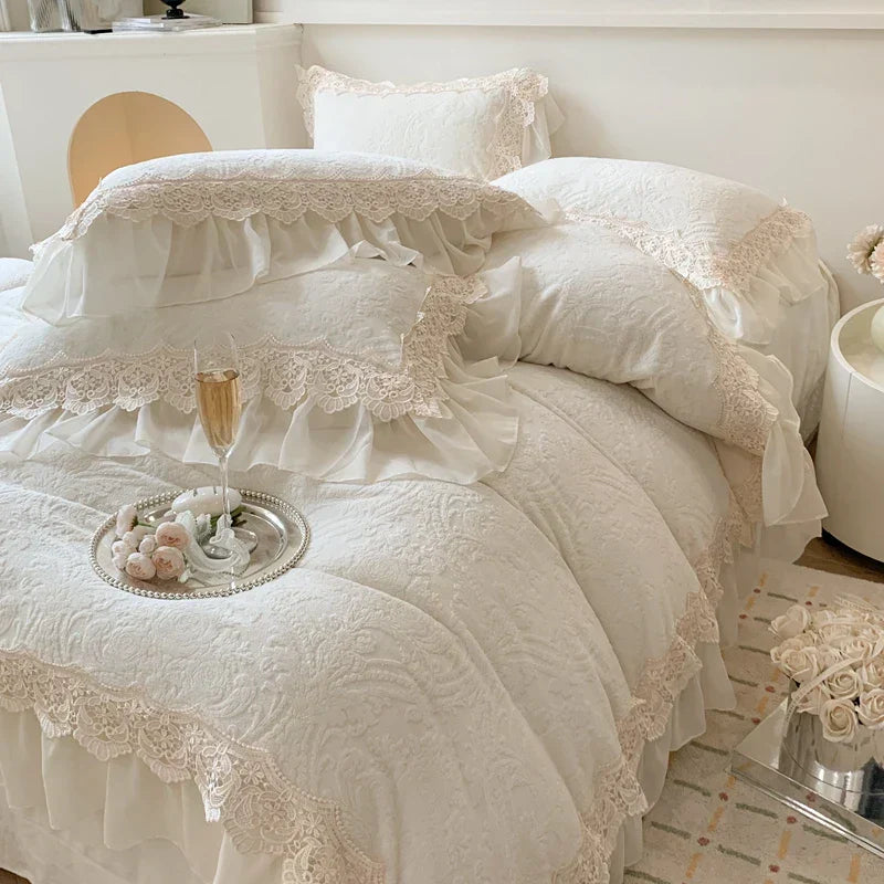 DecorBites™ French Lace Ruffles Velvet Bedding Set, Furry Duvet, Sheet, Pillowcases