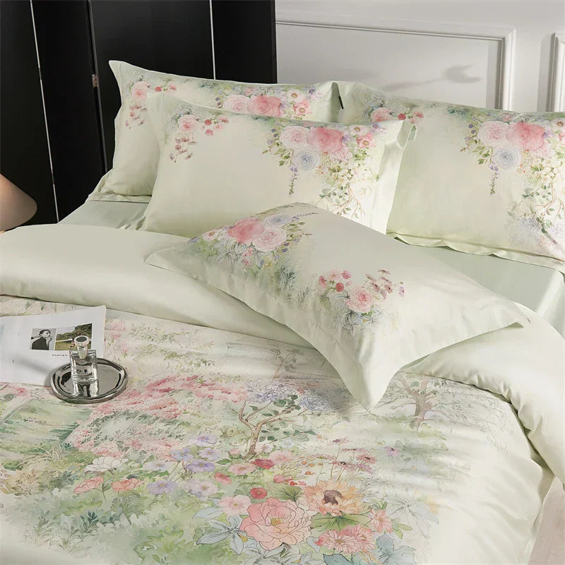 DecorBites™ Flowers Pattern 1000TC Egyptian Cotton Luxury Bedding Set & Silk Duvet Cover
