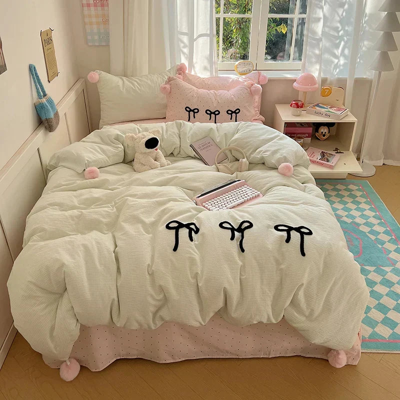 ™ Korean Princess Bow Lattice Pompom Bedding Set - Single Queen Size