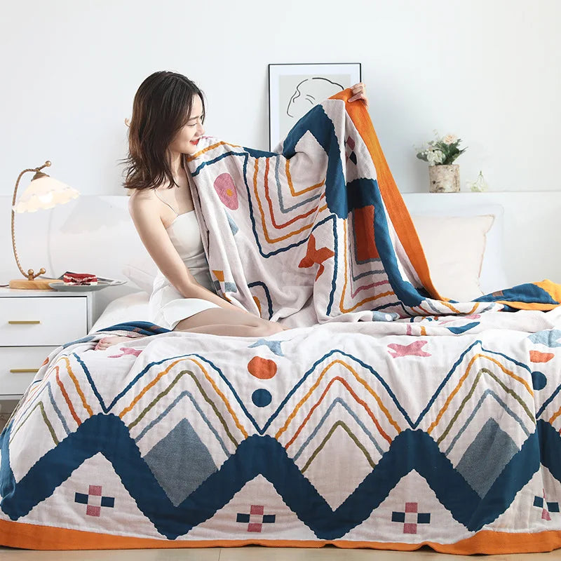 DecorBites™ Boho Printed Cotton Blanket - Green Muslin Large Soft Bed Throw Cover