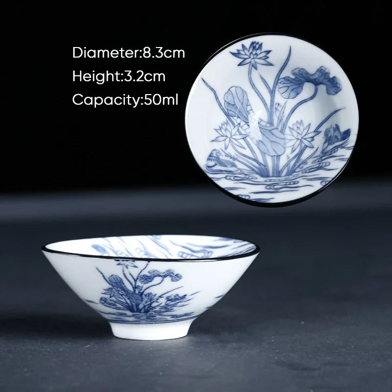 DecorBites™ Blue & White Ceramic Kung Fu Tea Cup, Japanese Style Porcelain Sake Espresso Mug