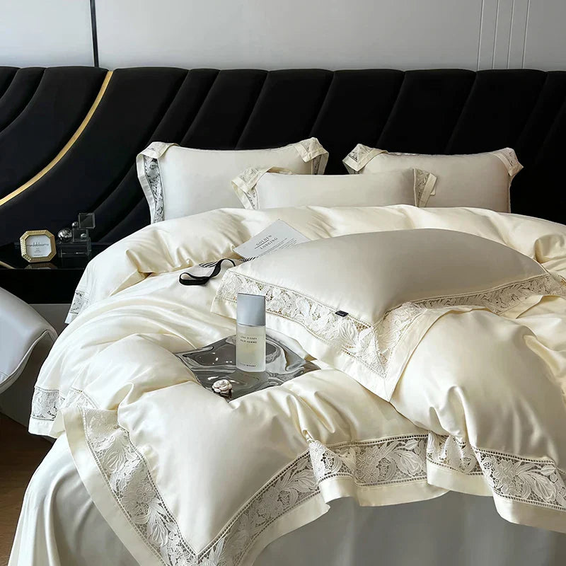 DecorBites™ Luxe 1500TC Egyptian Cotton Lace Wide Edge Bedding Set: Duvet Cover, Sheet, Pillowcases