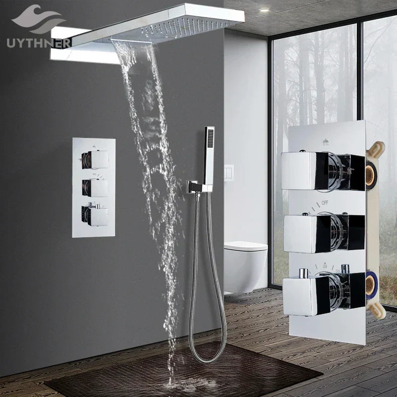 DecorBites™ Black Thermostatic Waterfall Rainfall Shower Faucet with Handshower