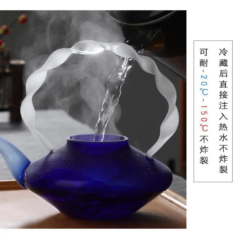 DecorBites™ Blue Glass Teapot - Japanese Style Heat-Resistant Twisted Handle Glass Teapot