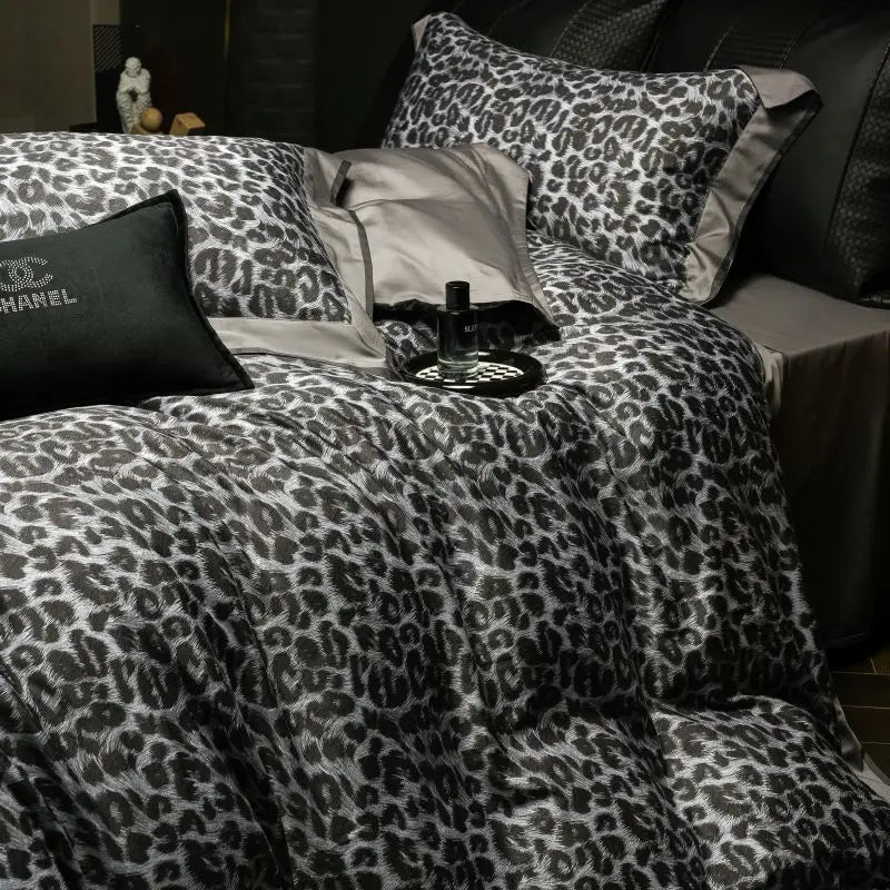 DecorBites™ 1000TC Egyptian Cotton Grey Leopard Print Bedding Set with Duvet Cover, Sheet, Pillowcase