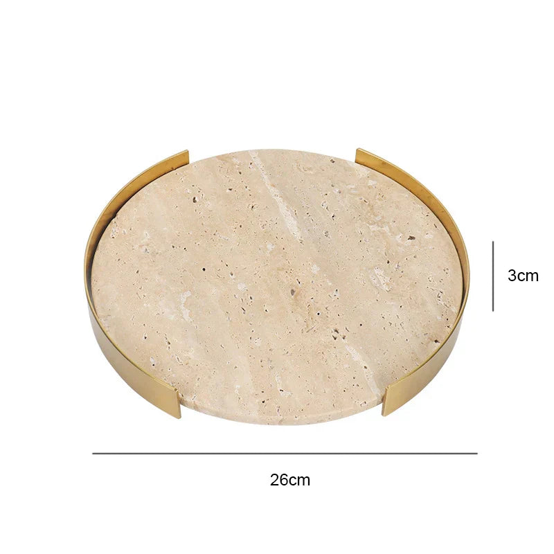 DecorBites™ Beige Brown Travertine Marble Tray with Metal Frame