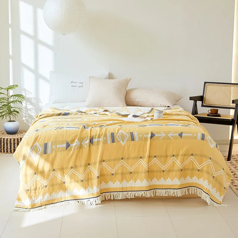 DecorBites™ Bohemian Cotton Throw Blanket - Four Layer Gauze Bedspread with Tassel Detail