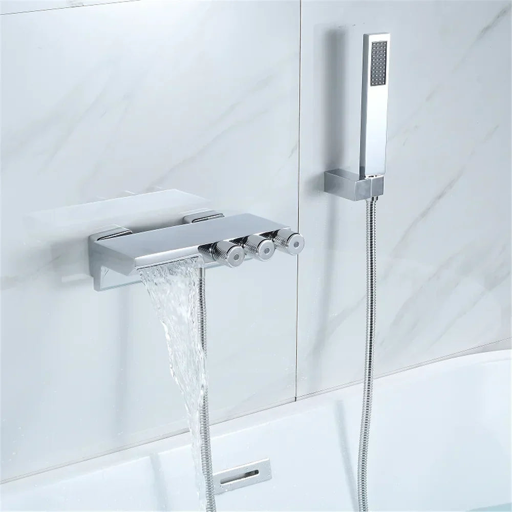 DecorBites™ Gold/Black Tub Shower Set Wall Mount Waterfall Mixer Tap Brass Rotatable