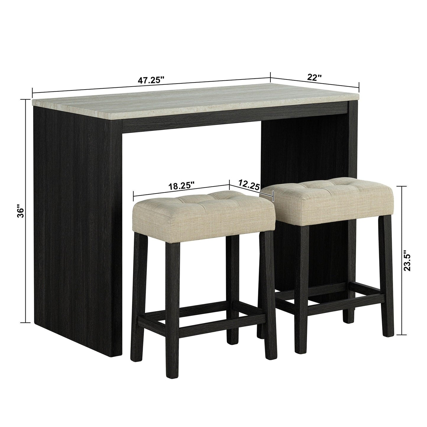 48" Modern Breakfast 1 Dining Table Set with 2 Stools for Apartment, Travertine Table Top