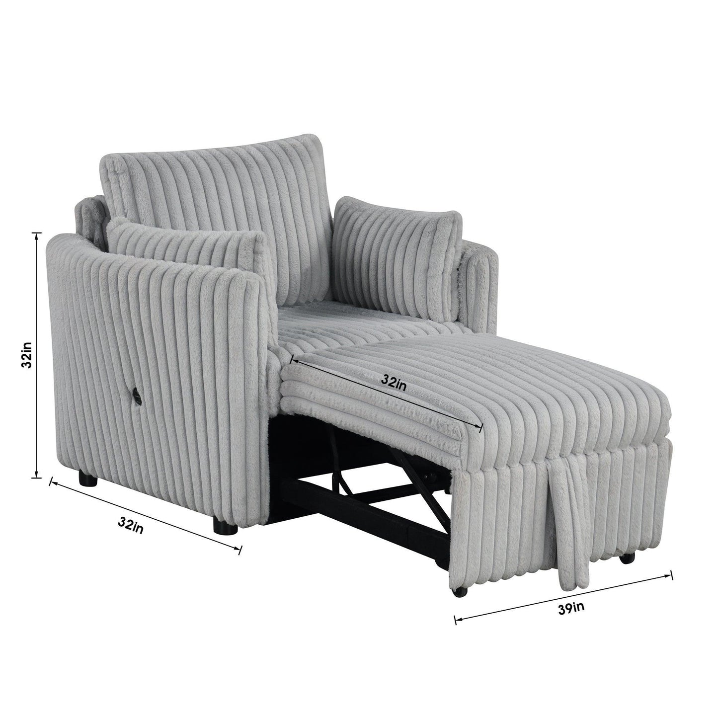 Light Gray Faux Fur Oversized Convertible Sleeper Sectional Sofa Couch Daybed and Chair Pull Out with 2 Pillows, USB Charging Ports for Living Room