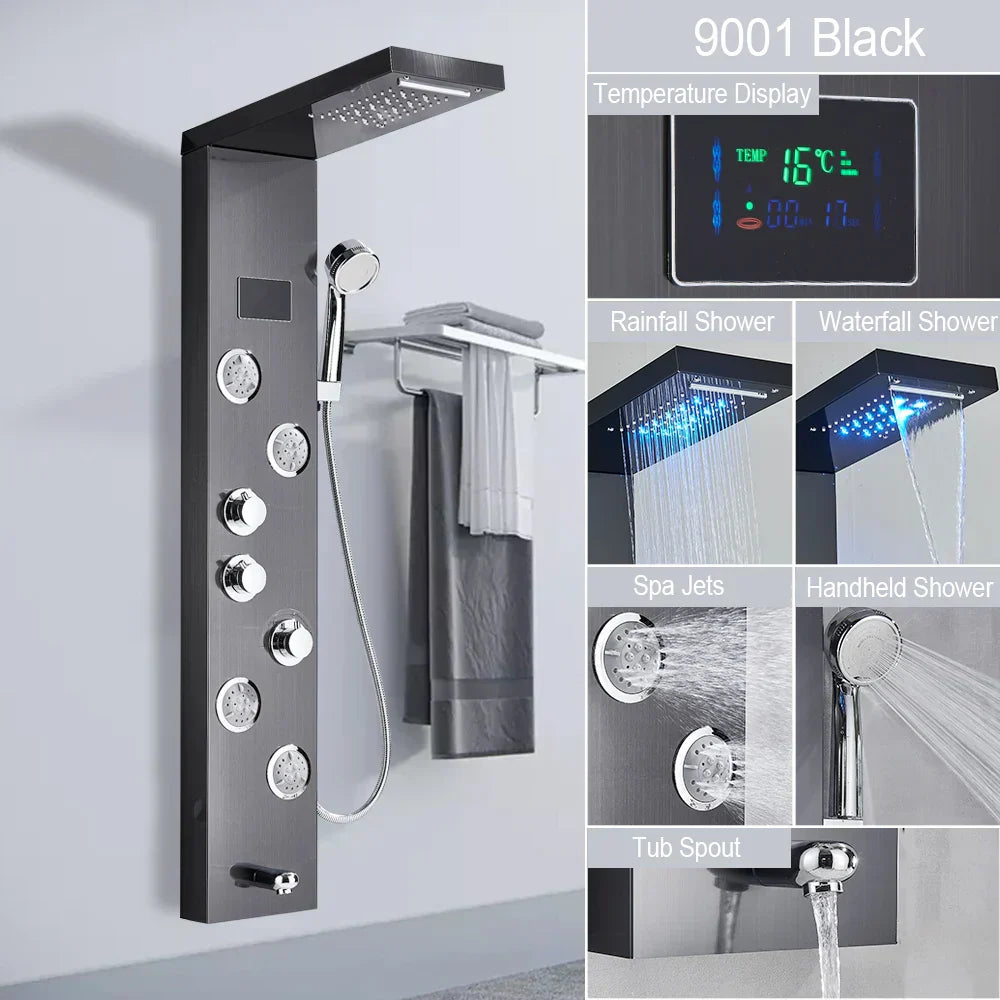 DecorBites™ Brushed LED Light Shower Faucet SPA Massage Shower Column Waterfall Panel