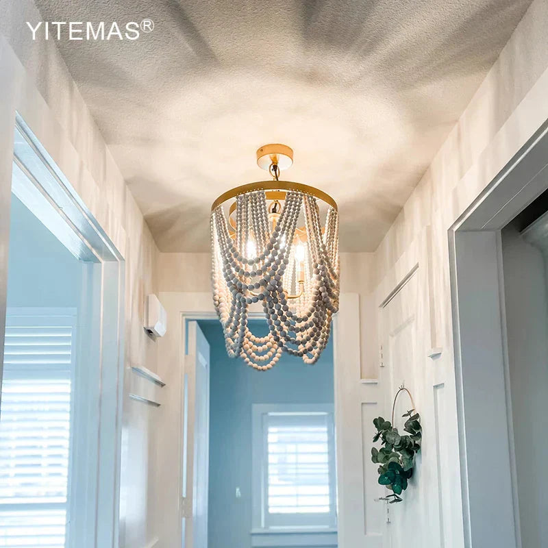 DecorBites™ Boho Wooden Beaded Chandelier Lamp for Kitchen/Dining Room/Hallway/Foyer