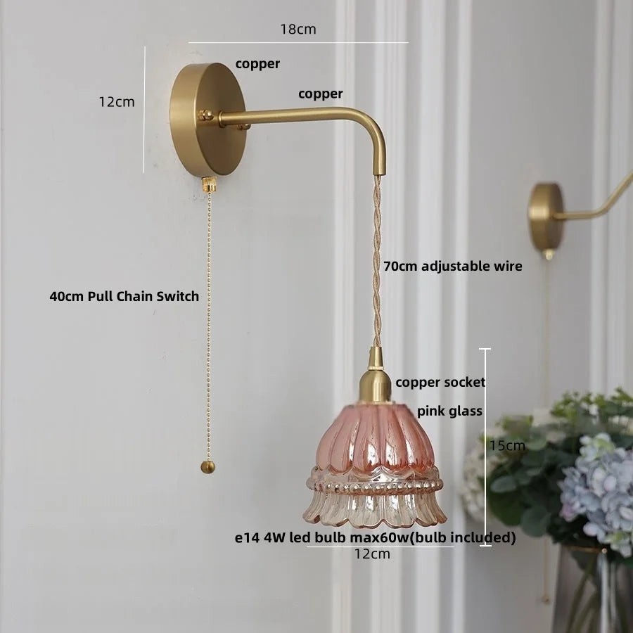 DecorBites™ Amber Glass LED Wall Light with Pull Chain Switch, Modern Nordic Flower Wall Sconce