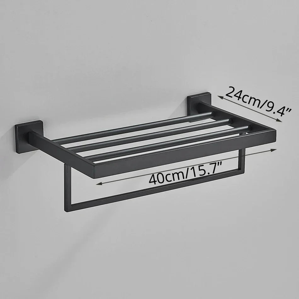 DecorBites™ Black Bathroom Accessories Set: Robe Hook, Towel Rail, Shelf, Paper Holder