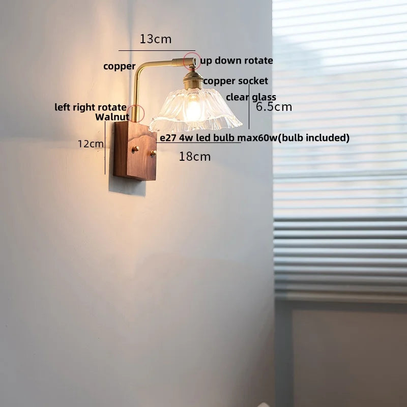 DecorBites™ Clear Glass LED Wall Light Walnut Bedside Lamp Modern Rotatable Brass Wall Lights