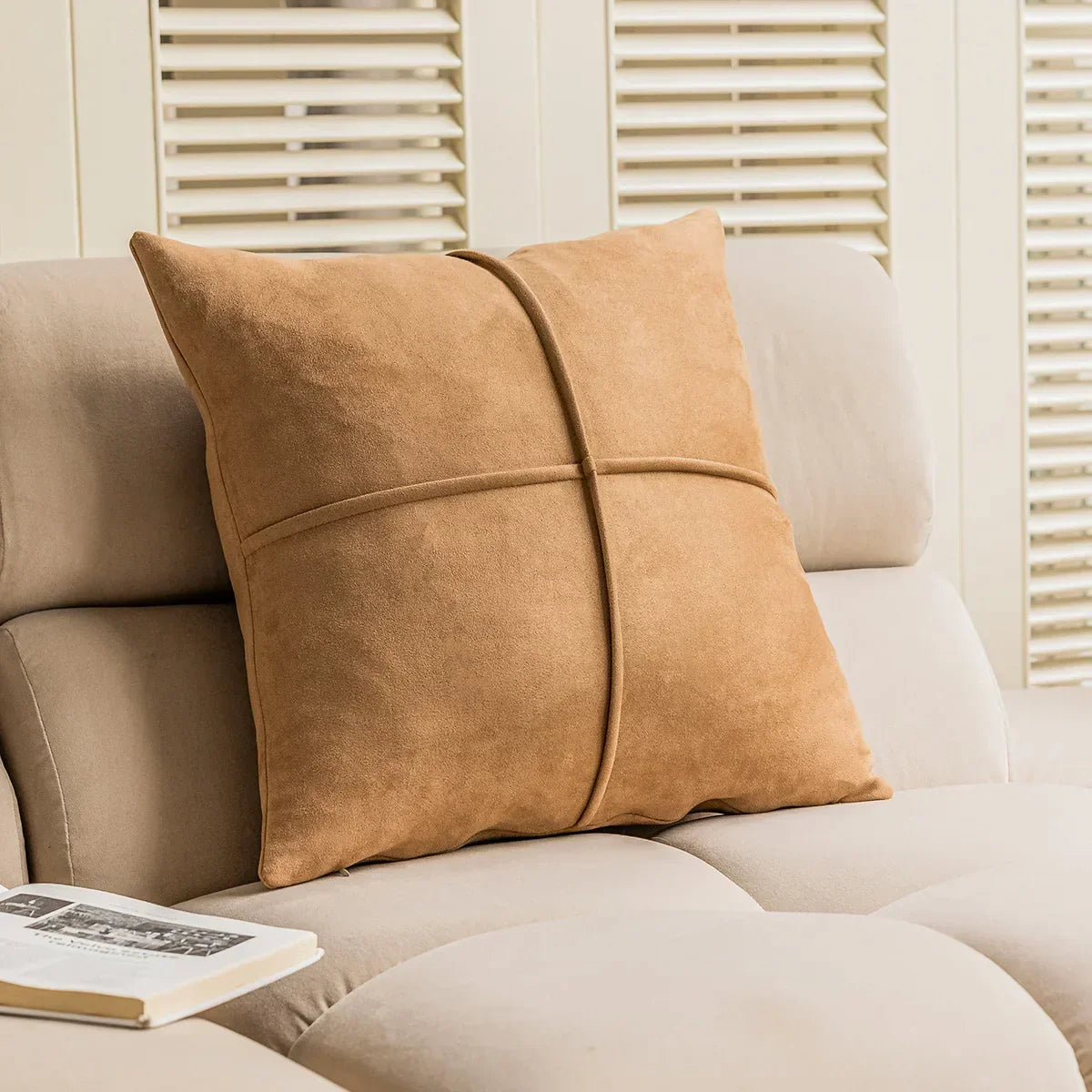 DecorBites™ Geometric Embroidery Plush Cushion Cover Brown Decorative Sofa Pillow Case