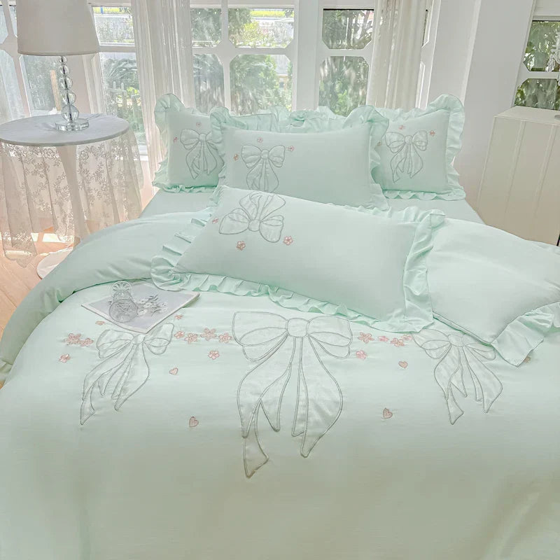 DecorBites™ Ice Silk Embroidered Ruffles Duvet Set with Cool & Skin-Friendly Feel