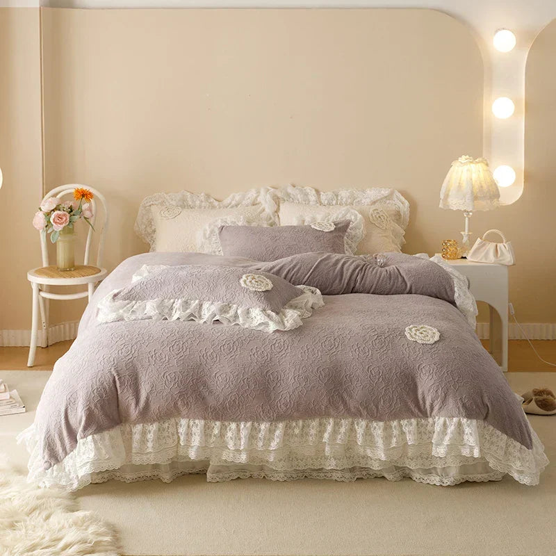 ™ Luxe Carved Velvet Lace Ruffles Bedding Set with Quilted Bed Skirt