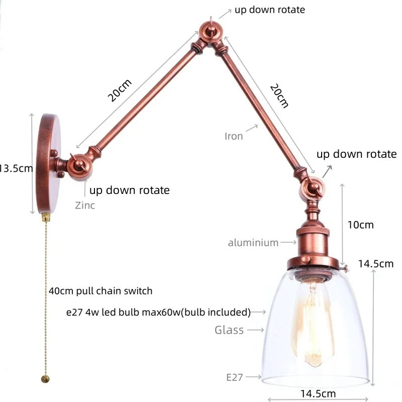 DecorBites™ Adjustable Glass Swing Arm LED Wall Sconce with Pull Chain Switch