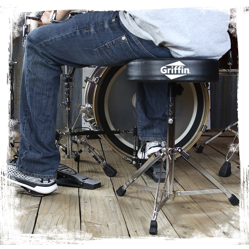 GRIFFIN Drum Hardware (3 Piece Set) - Hi-Hat Stand, Drummer's Throne Seat & Straight Cymbal Stand - Deluxe Chrome Percussion Set for Mounting Medium-Duty Crash, Ride & Splash Cymbals