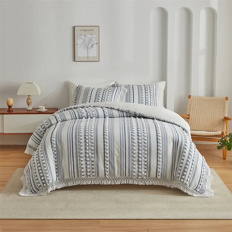 DecorBites™ Boho Stripe Furball Duvet Set: High-Quality King Size Bedding with Tassels