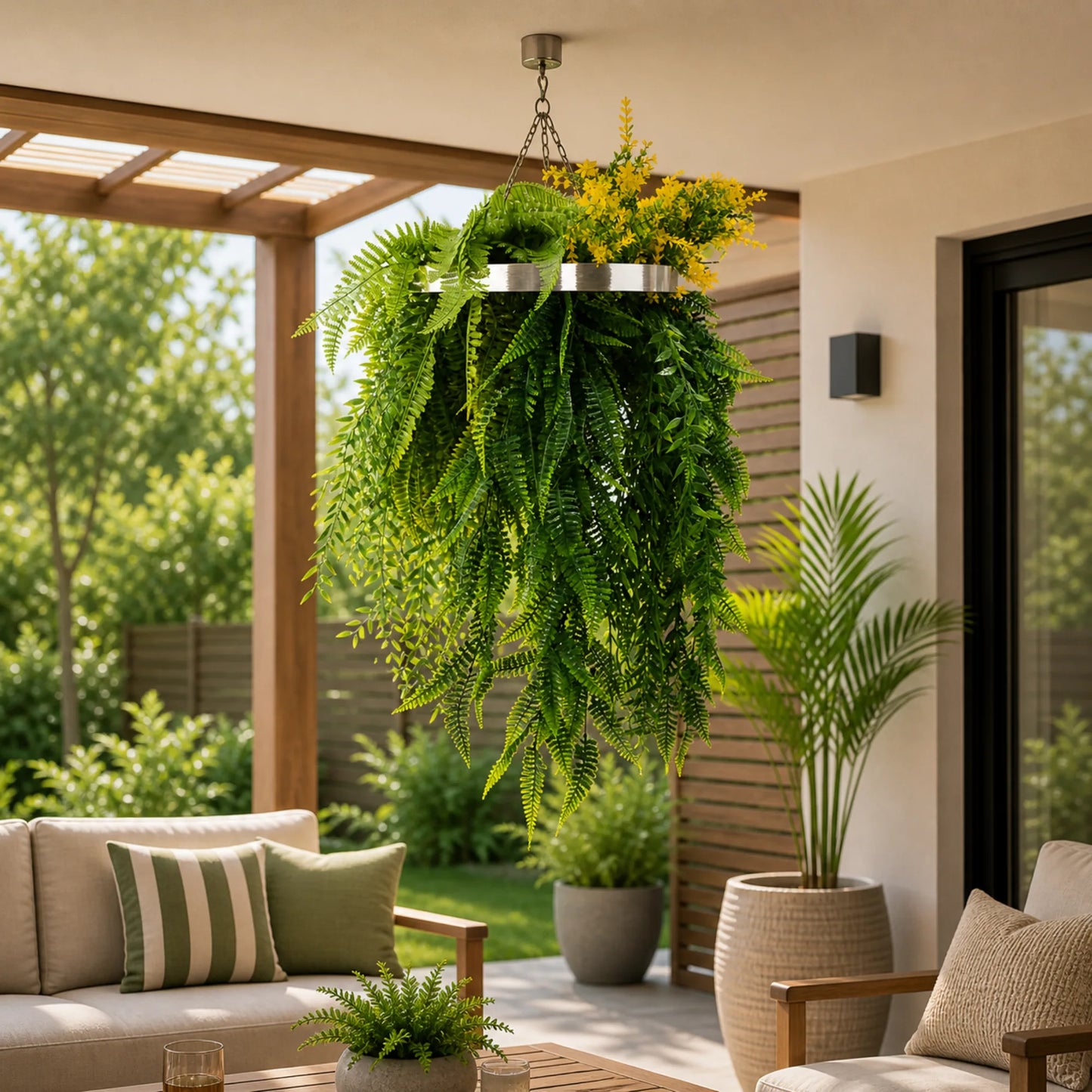 Artificial Hanging Plant Chandelier – Bright Tropical Foliage Circular Ring (25.6in long) Silver Frame – UV Resistant