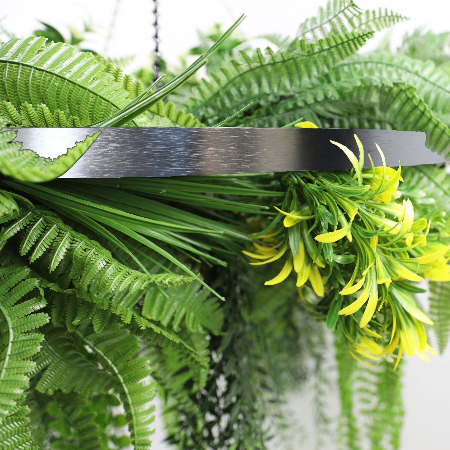 Artificial Hanging Plant Chandelier – Draping Fern Circular Ring (33in long) Silver Frame – UV Resistant