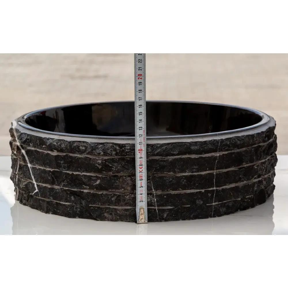 Black Marble Handcrafted Vessel Bathroom Sink 16 Inch Diameter Combed Finish