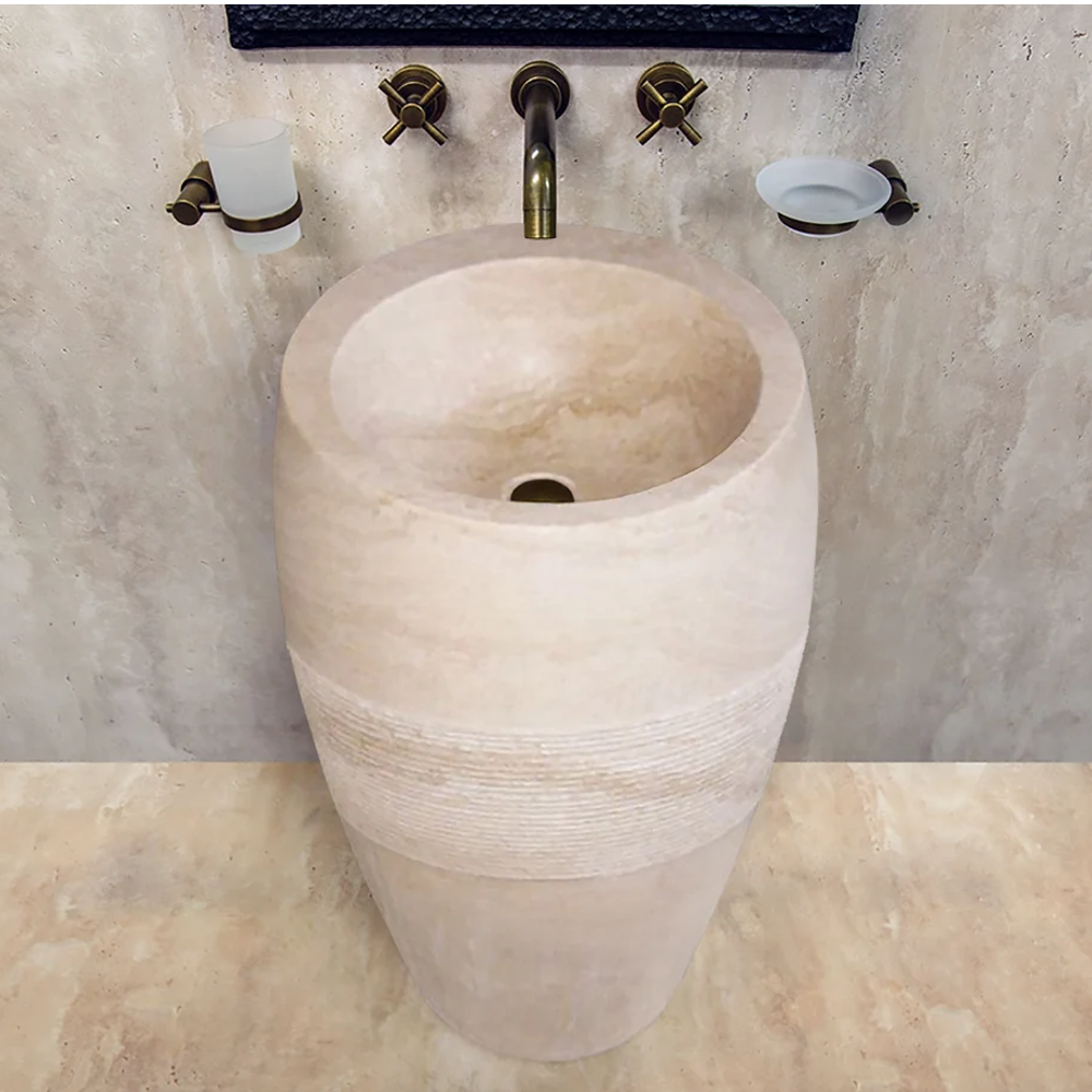 Hand Carved Travertine Beige Pedestal Bathroom Stone Sink