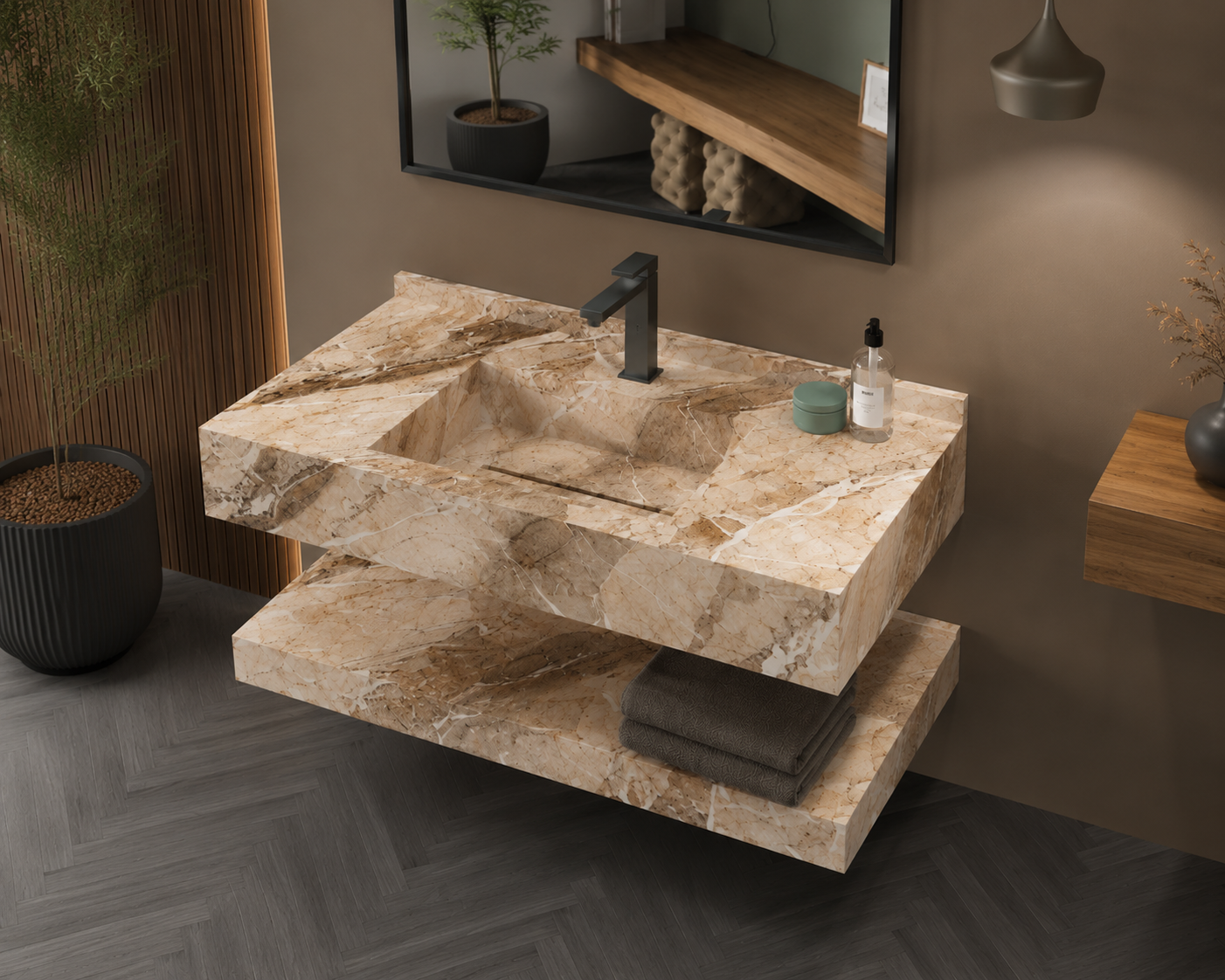 Luxury Travertine-Look Textured Solid Surface Wall-Mount Basin, Floating Vanity Shelf Set – NACS Collection