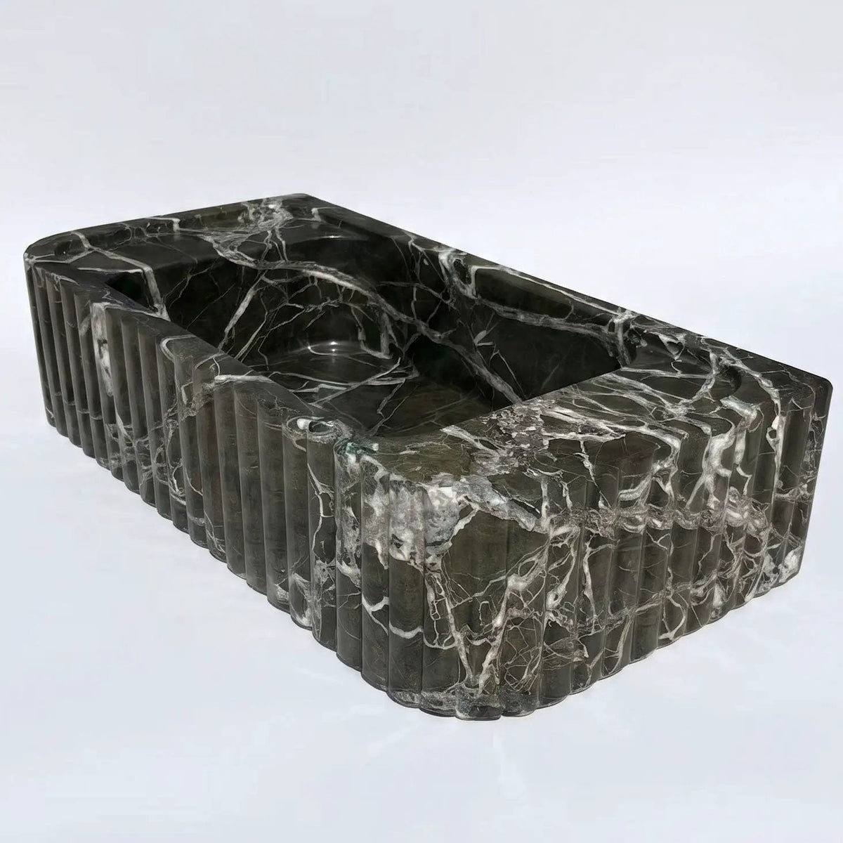 Verde Antico Green Marble Rectangular Wall Mount Fluted Bathroom Sink