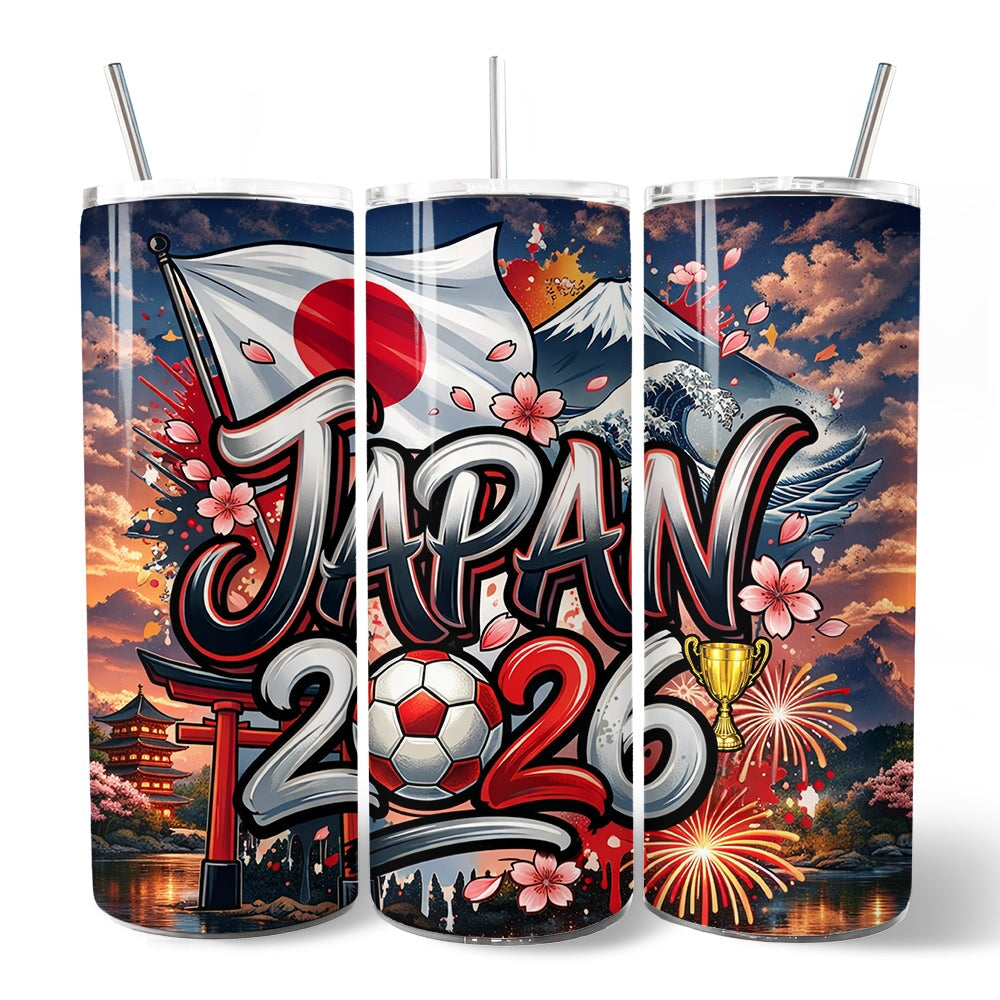 Japan 2026 Soccer Cup Global Championship 20oz Tumbler With Lid and Stainless Steel Straw, Fans Football Gift Cup