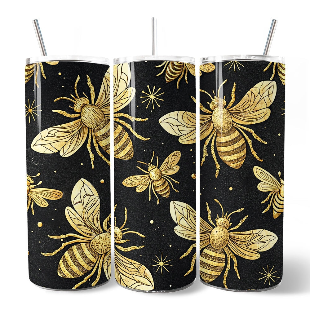 Black and Gold Bee Pattern 20oz Personalized Tumbler With Lid and Stainless Steel Straw, Elegant Apiarist Gift Cup