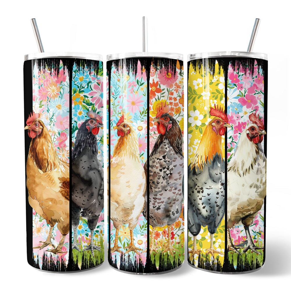 Brushstrokes Chicken Farm 20oz Personalized Tumbler With Lid and Stainless Steel Straw, Colorful Floral Farmlife Gift Cup