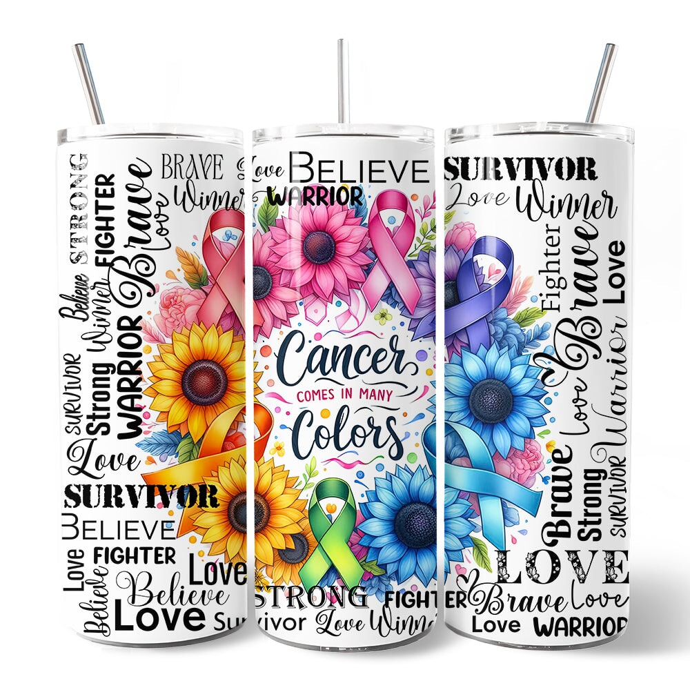 Cancer Comes In Many Colors Awareness 20oz Personalized Tumbler With Lid and Stainless Steel Straw, Floral Survivor Support Gift Cup