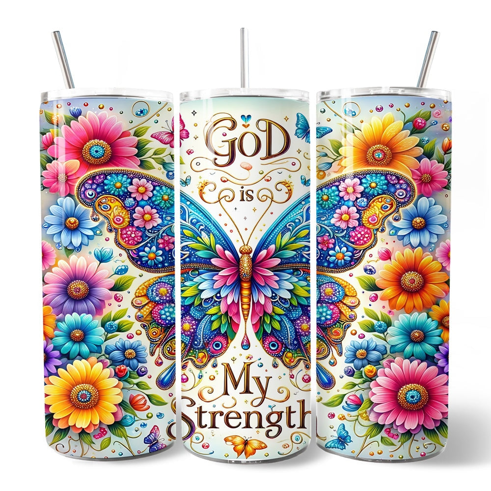 Christian Butterfly Floral 20oz Personalized Tumbler With Lid and Stainless Steel Straw, God Is My Strength Gift Cup