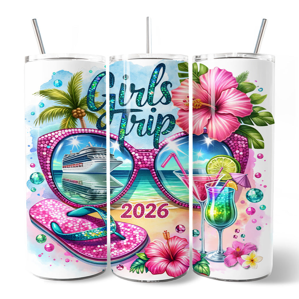 Cruise Girls Trip 2026 20oz Personalized Tumbler With Lid and Stainless Steel Straw, Vacation Tropical Gift Cup