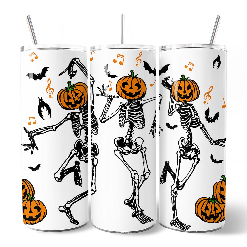 Dancing Skeletons with Pumpkin Head 20oz Personalized Tumbler With Lid and Stainless Steel Straw, Funny Dry Bones Come Alive Halloween Gift Cup