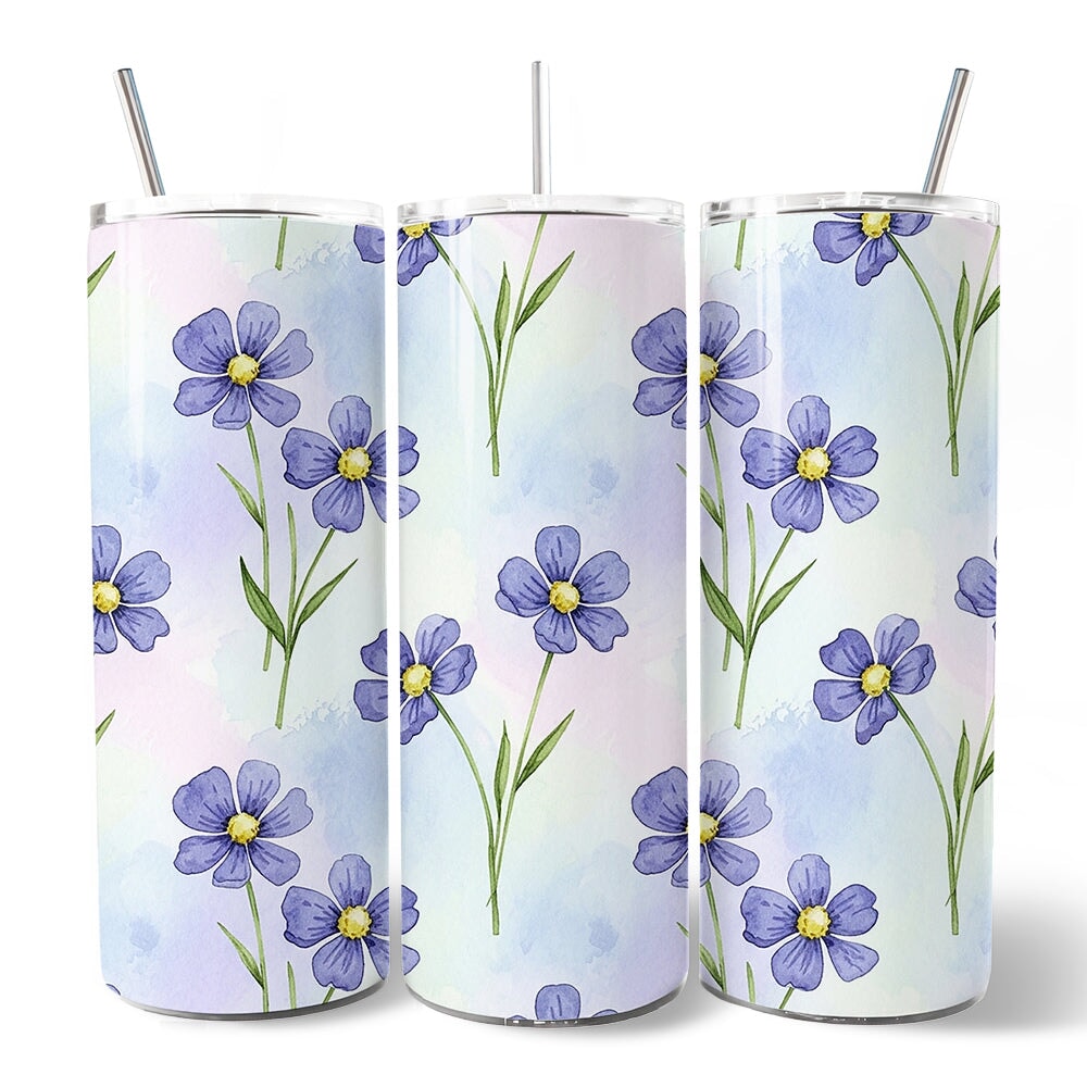 Delicate Blue Wildflowers 20oz Personalized Tumbler With Lid and Stainless Steel Straw, Soft Pastel Floral Pattern Gift Cup