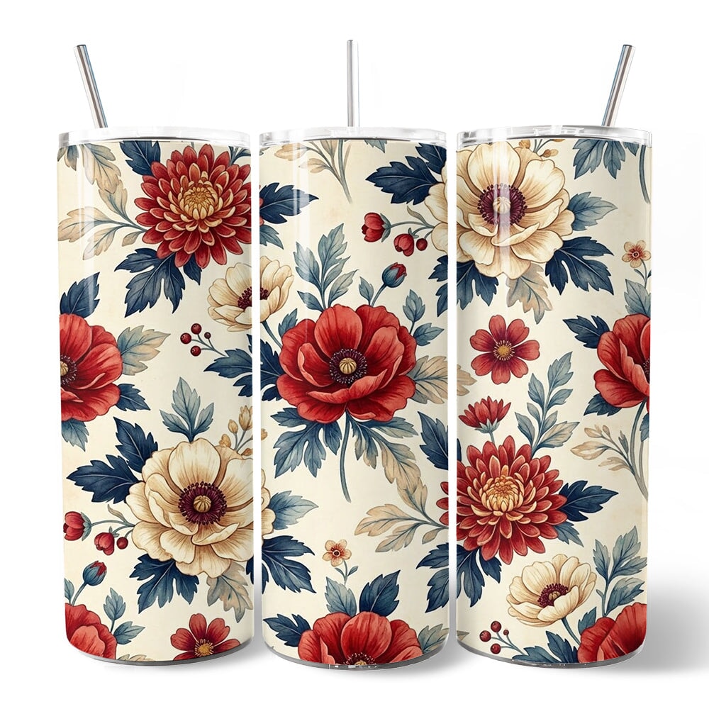 Elegant Red and Cream Flowers 20oz Personalized Tumbler With Lid and Stainless Steel Straw, Classic Floral Pattern Gift Cup